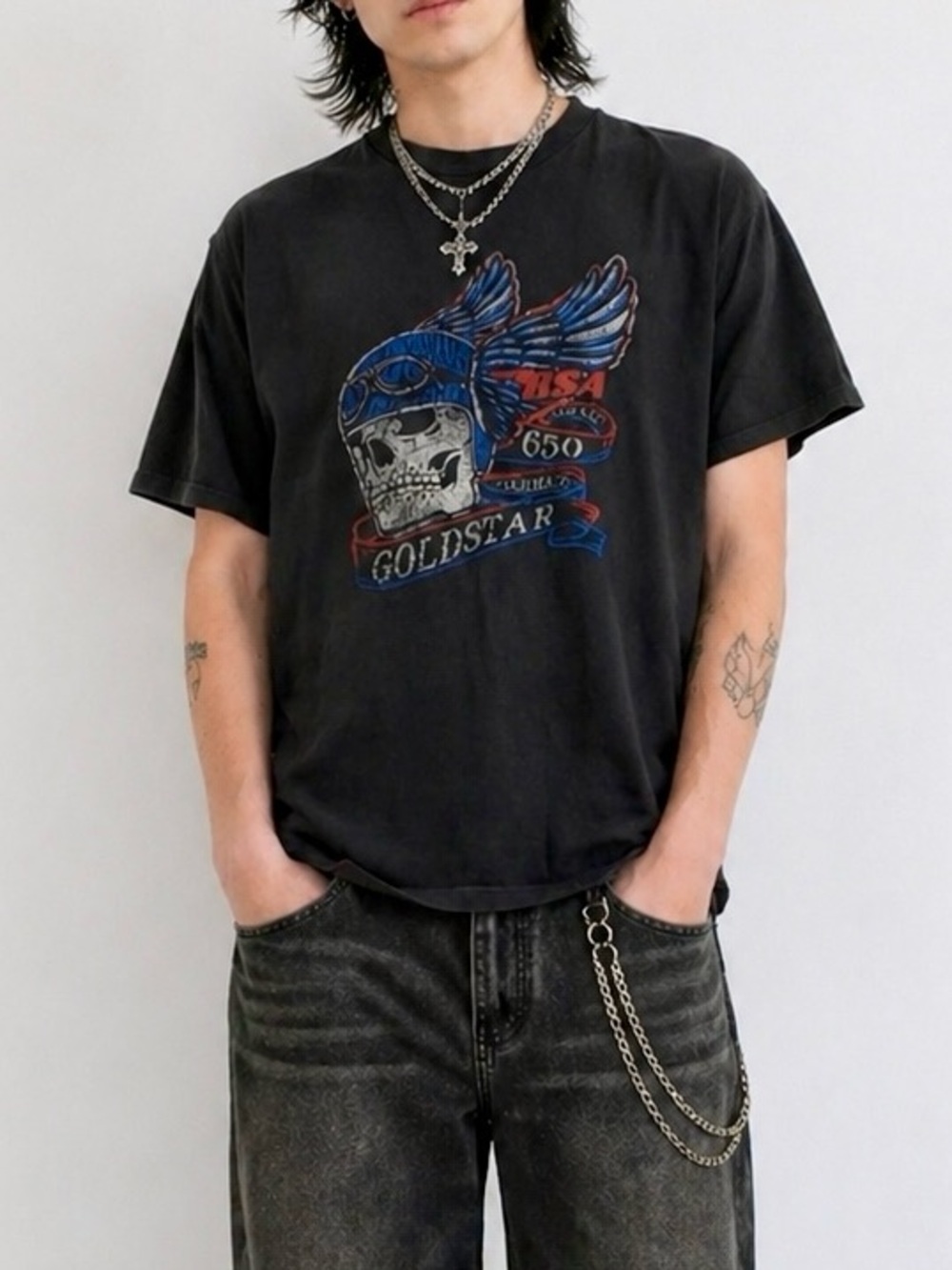 2 FOR $28 | BSA Goldstar 1990s VTG Black Grunge Graphic Tee with Skull Design